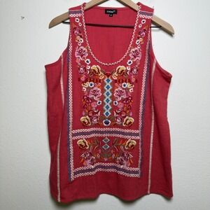 Tolani Women 100% Cotton Karlotta Embroidered Tank Top Medium Pink Floral Boho